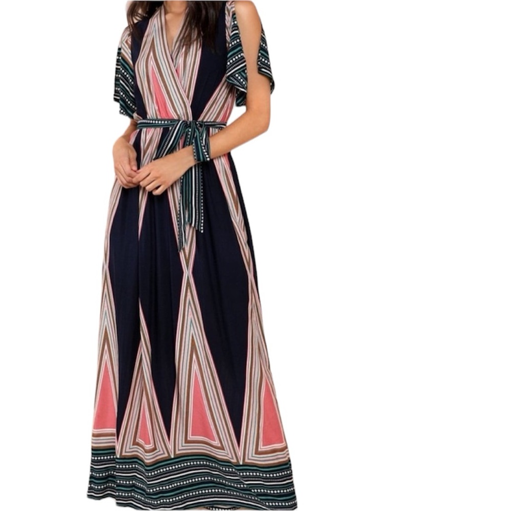 Dress Maxi V Neck Slit Sleeve Belted Geometric Print Dress Women’s Size Small